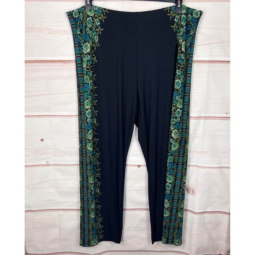 Susan Graver Pants Womens 3X Black Floral Trim Liquid Knit Straight Leg Pull On